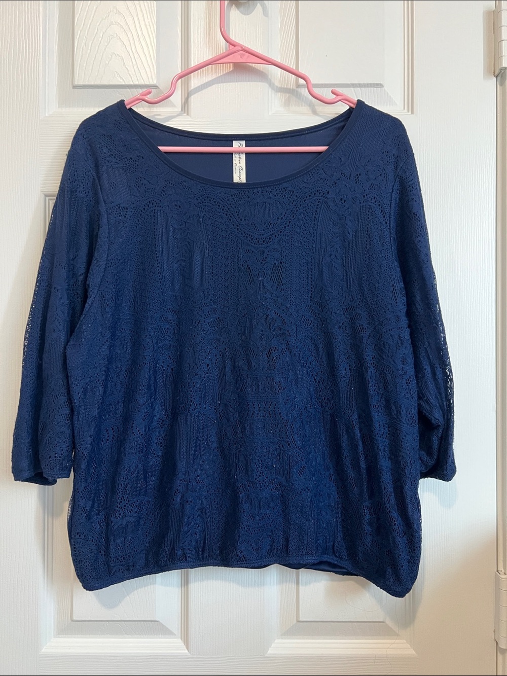 Women's Navy Lace Overlay Pullover Top